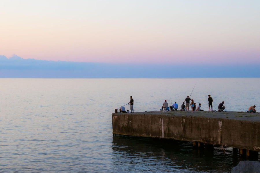 Multiple people fishing off a jetty by the sea